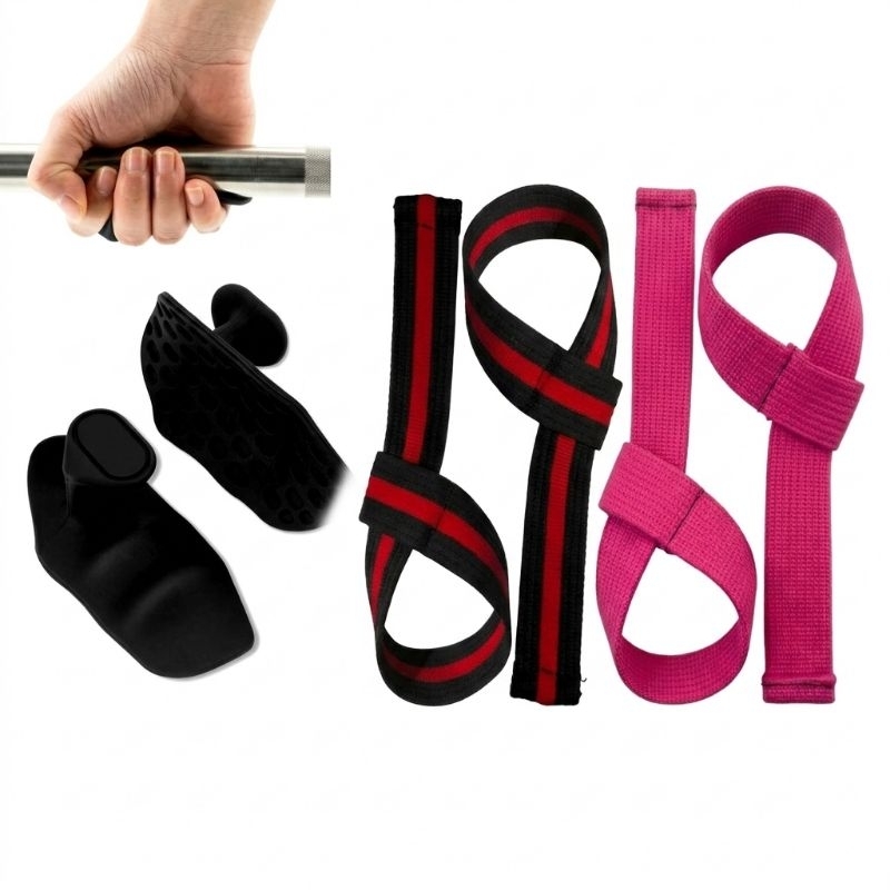 Kit Strap de Borracha com 2 Par Fita Tala Strap Vermelho e Rosa Protetor Para Punho Academia Crossfit Musculação