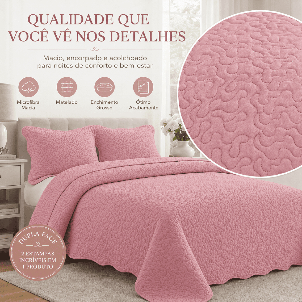 Colcha Cobre Leito Casal Queen 3 Peças Dupla Face Matelado Cama Box