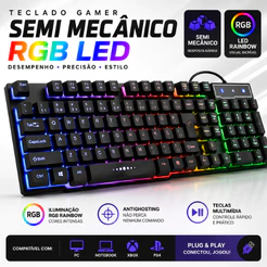 Teclado Gamer Semi Mecânico RGB LED USB Antighosting Multimídia PC Notebook Xbox PS4 Gamer Iluminado ABNT2 RGB LED