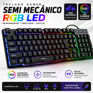 Teclado Gamer Semi Mecânico RGB LED USB Antighosting Multimídia PC Notebook Xbox PS4 Gamer Iluminado ABNT2 RGB LED
