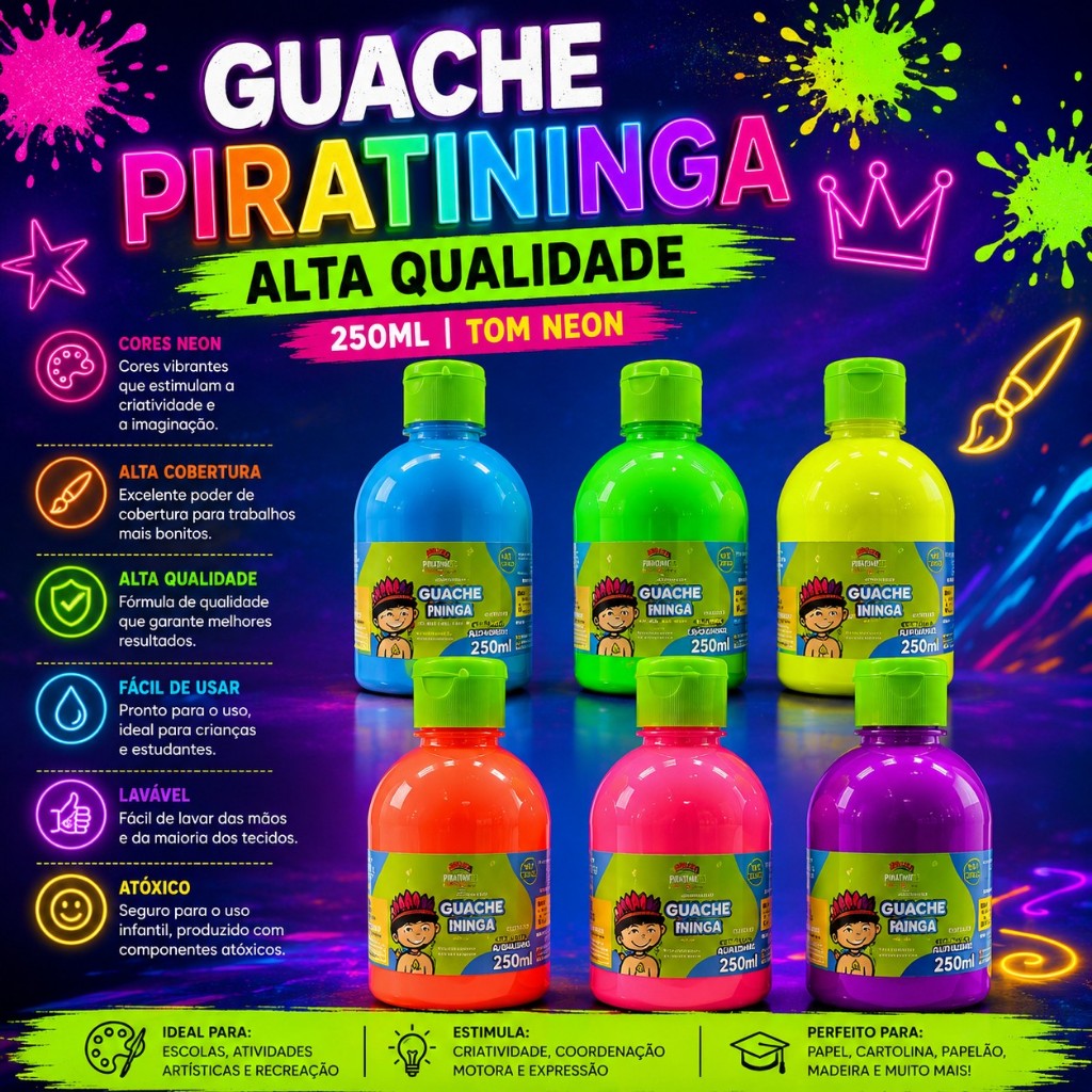 Tinta Guache Neon Escolar 250ml Piratininga Com Aplicador Guache Fluorescente Varias Cores Artesanato