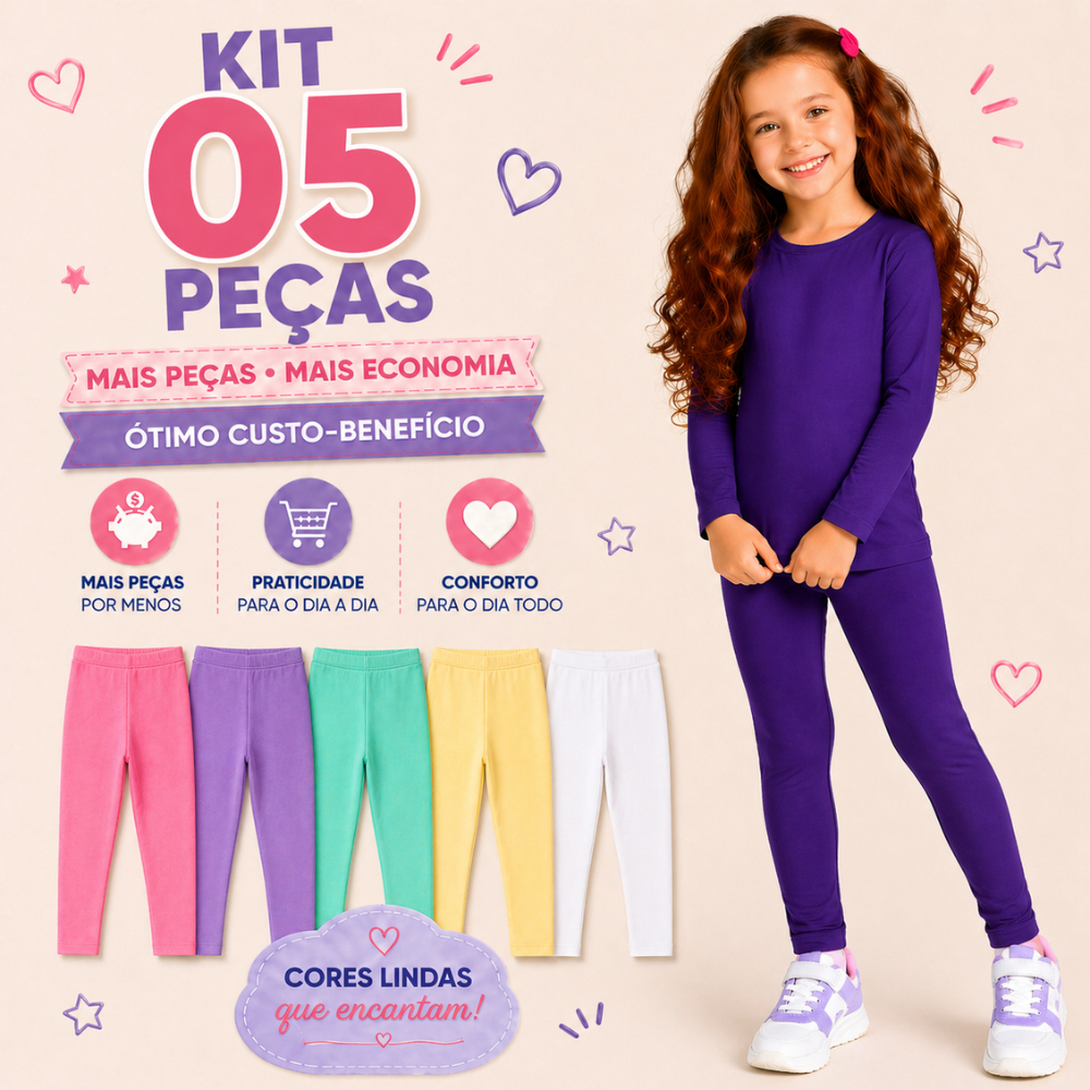 Kit 05 Calça Legging Infantil Menina Roupa para criança  Inverno Meia estação malha 100% algodão