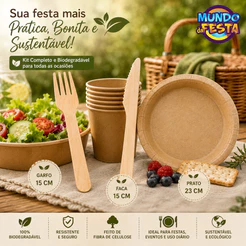 Kit Descartável Refeição Prato Papel Garfo e Faca Madeira Festas Eventos Aniversário Silver Festas