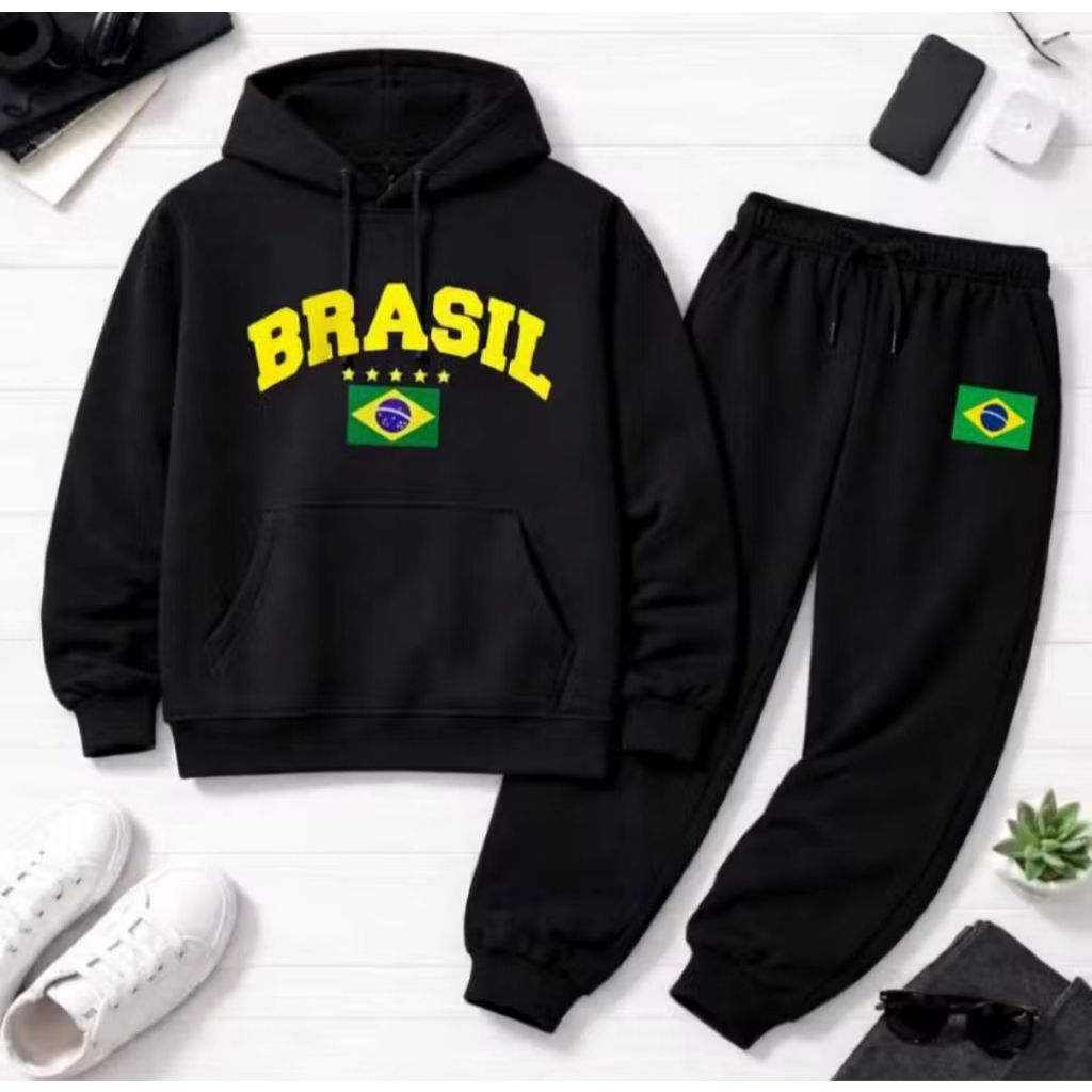 Conjunto de Moletom Blusa e Calça Abrigo Inverno Estampado Brasil Copa Do Mundo
