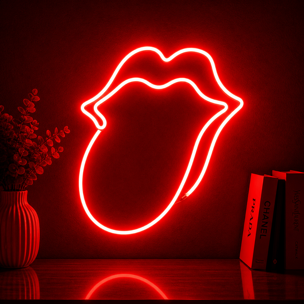 Luminária Led Neon Boca Rolling Stones 25 Cm Bivolt Decoração Rock and Roll Luz Parede Iluminação