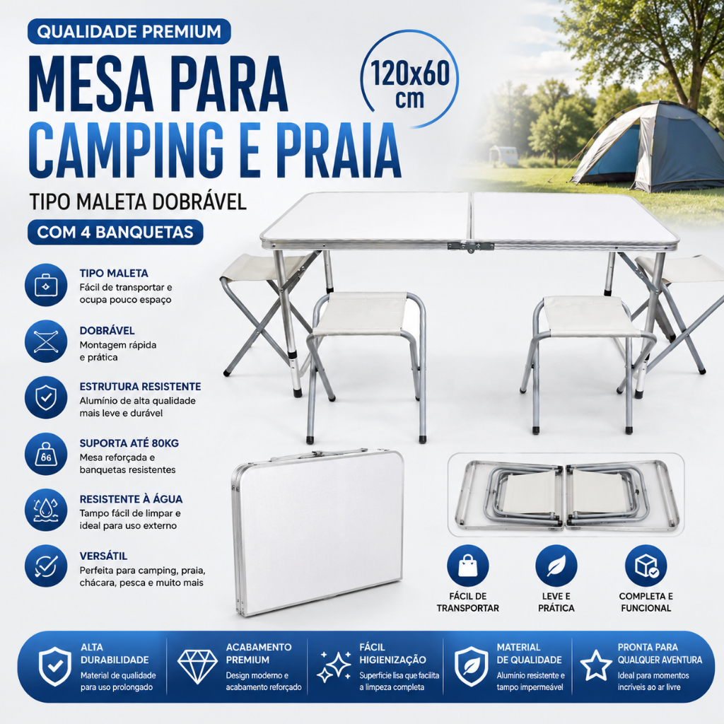 Mesa Para Camping E Praia Tipo Maleta Dobrável C/4 Banquetas 120x60cm