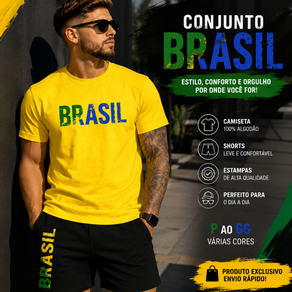 Kit Conjunto Brasil Masculino Camiseta Estampada e Bermuda Tactel Casual Academia Praia