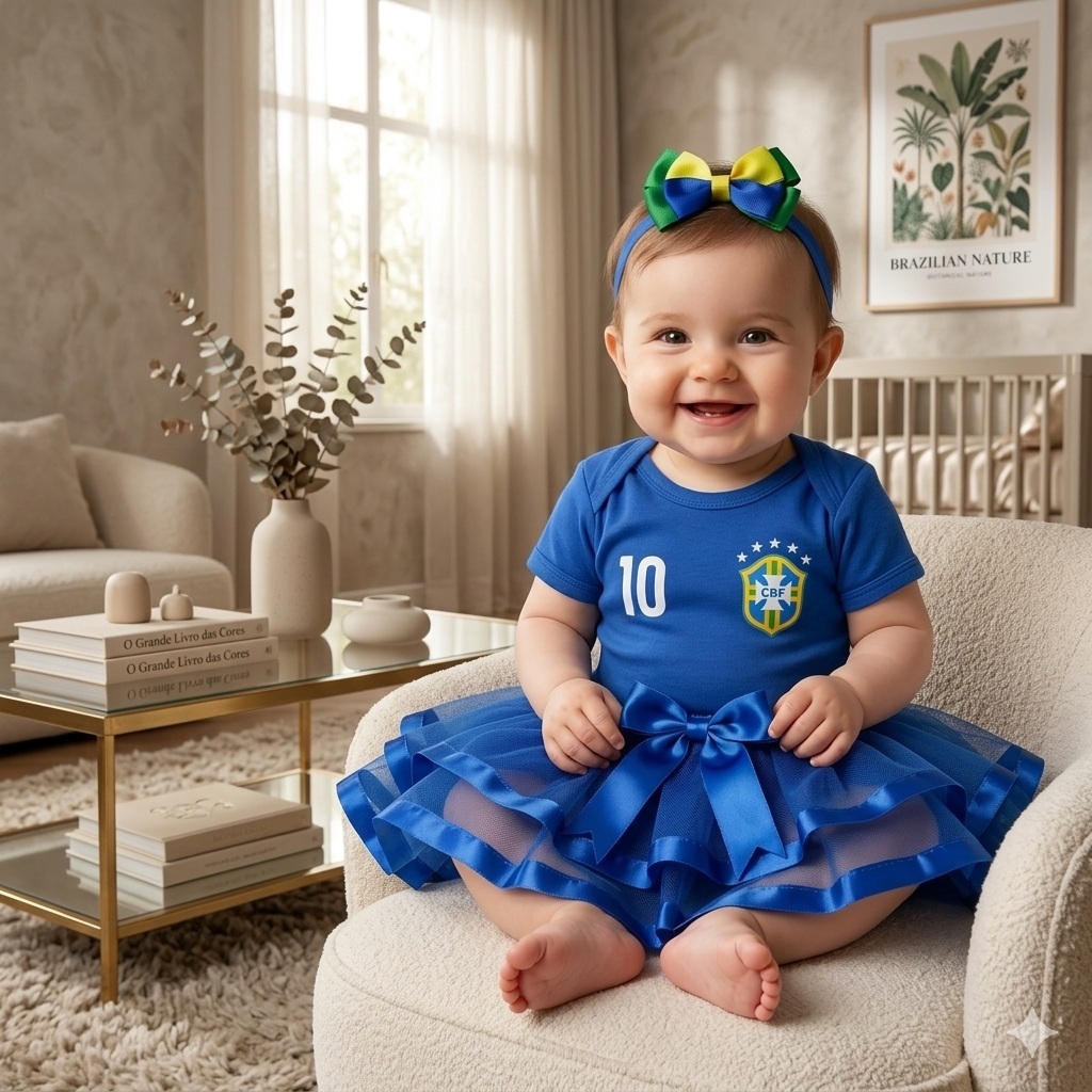 Bebê Body Temático Copa Do Mundo + Saia Tutu Azul + Laço Menina Roupa Infantil Mesversario