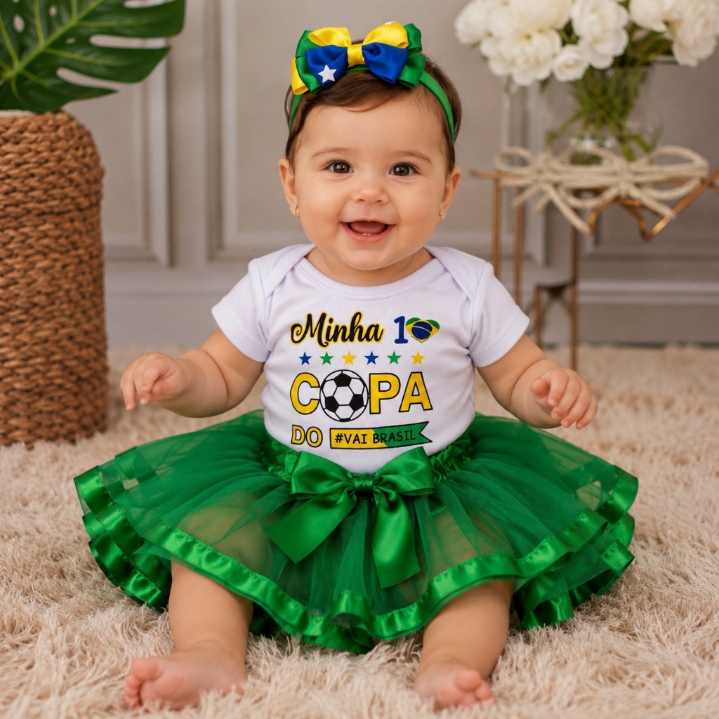 Body Bebê  Menina  Temático Minha 1º Copa  + Saia Tutu Verde + Laço Mesversario
