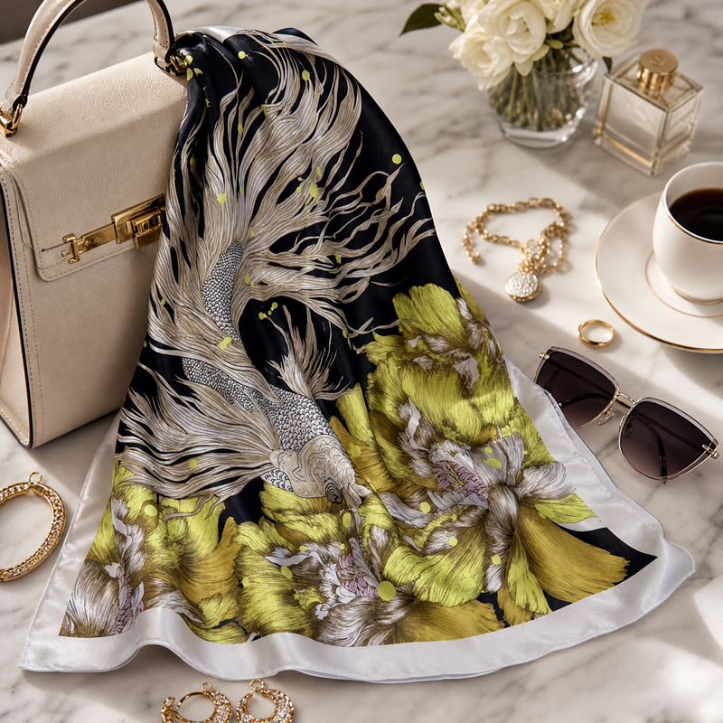 Lenço Feminino Seda Floral Elegante 90x90cm Luxo Estilo Europeu Macio Versátil Moda Premium
