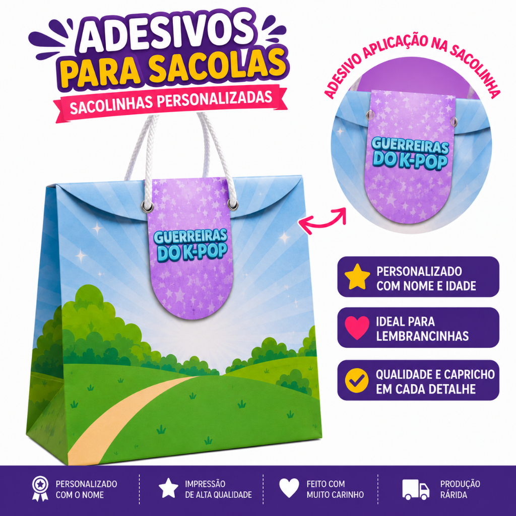 Adesivo Fecho Tags p/ Sacola papel Guerreiras K-pop, Personalizados Guerreiras Kpop, Festa Huntrix, adesivos