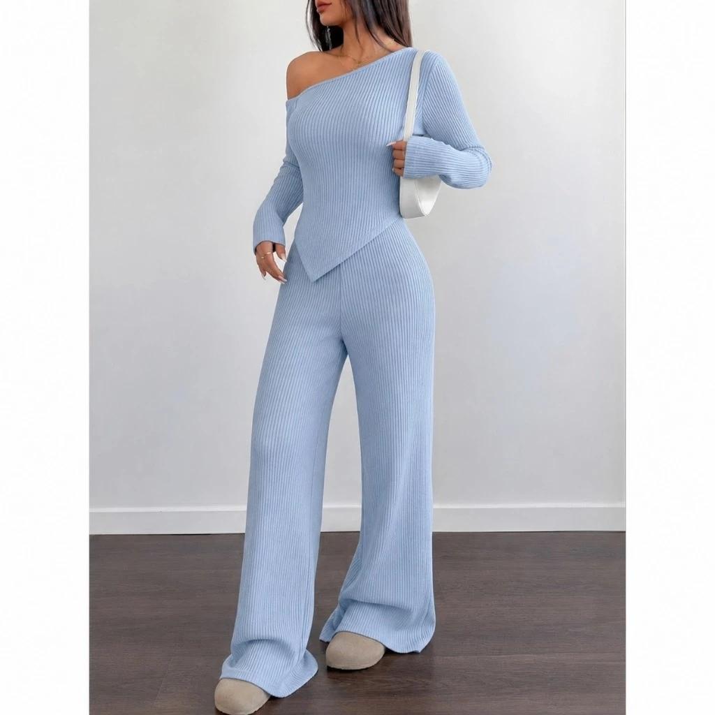Conjunto Mila Feminino Blusa Manga Longa Assimétrica +Calça Pantalona Soltinha Ribana Moda Inverno