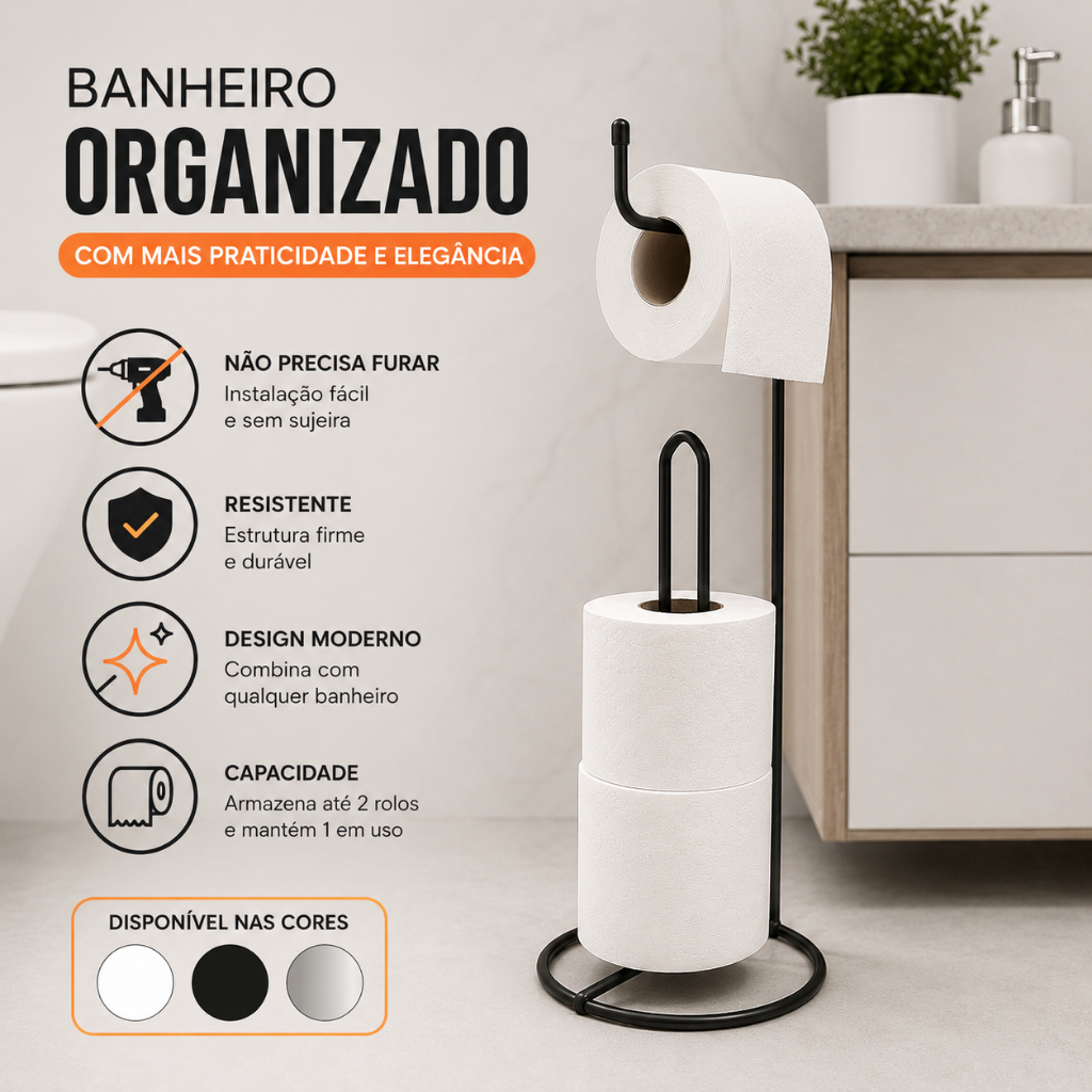 Porta Papel Higiênico De Chão Organizador Banheiro Moderno Sem Furo Preto Branco Cromado