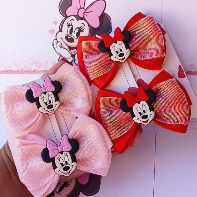 Laço Infantil Minnie Rosa e Vermelha Parzinho Luxo com 2 Unidades Detalhe com Brilho Lacinho Cabelo Temático