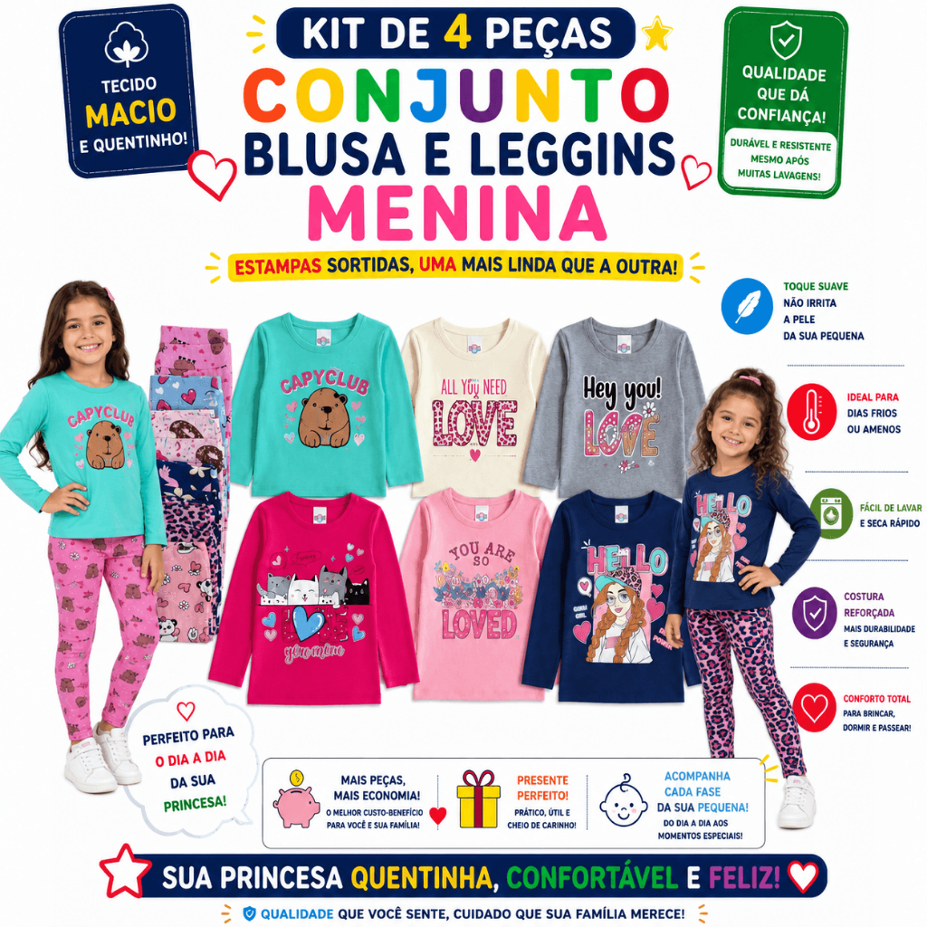 Conjunto Roupa Infantil Menina 4 Peças | Conjunto com 2 Blusas e 2 Leggings, Estampas Sortidas, Confortável e Estiloso