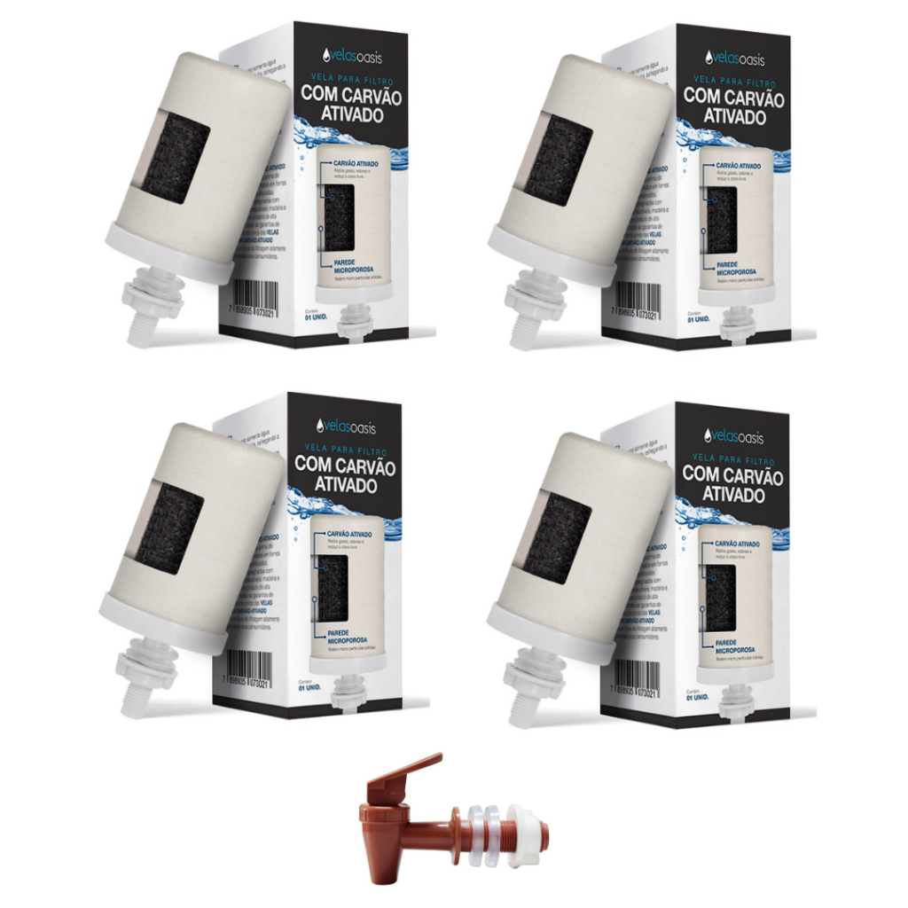 Kit Com 4 Velas Carvão Ativado + 1 Torneira Marrom Filtro De Barro Bebedouro Água