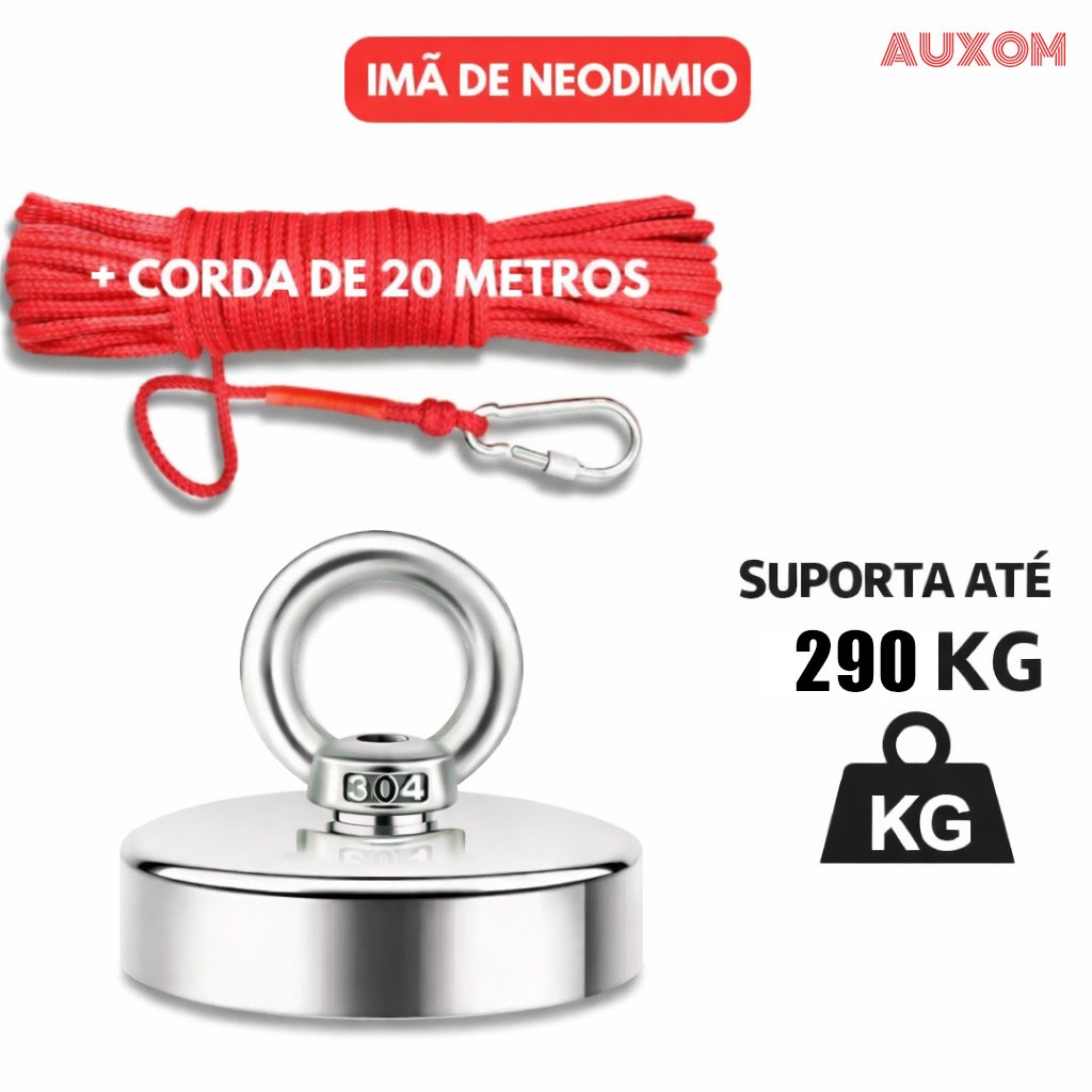 Pesca Magnética Ímã de Neodímio 290kg D75 Super Forte com Gancho Argola Ideal para Busca Resgate Tesouros