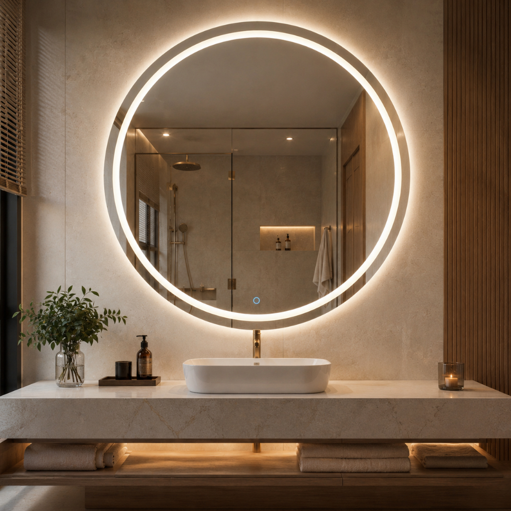Detalhes do Espelho Redondo Jateado com LED 3 Cores Touch de 40x40 a 60x60cm Luxo Decoração Moderna Bivolt