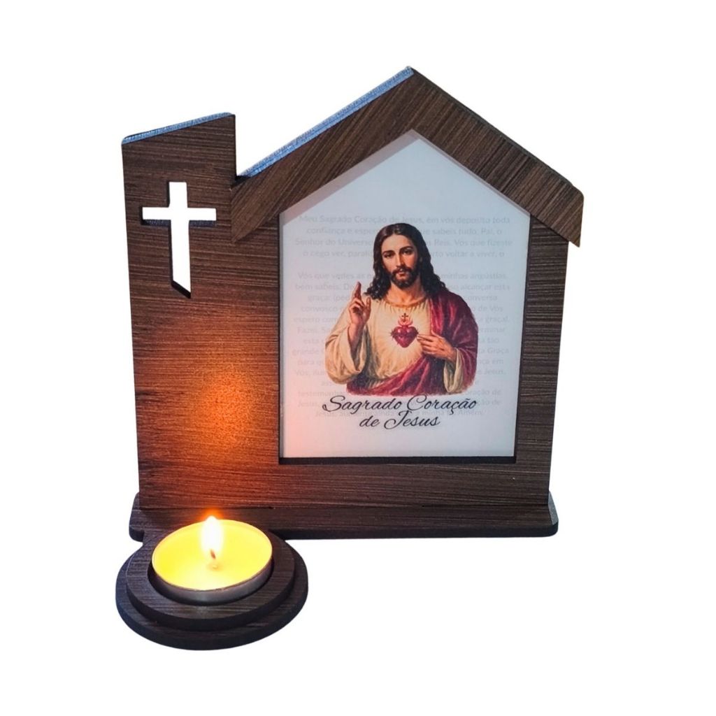 Suporte Porta Vela Oratório Religioso Sagrado Coração Jesus Presente Católico Decoração MDF