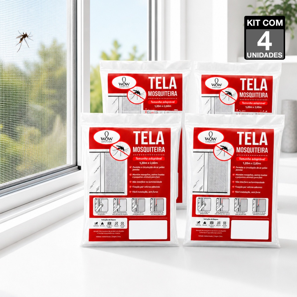 Kit 4 Tela Mosquiteira Janela Velcro Ajustável Anti Insetos