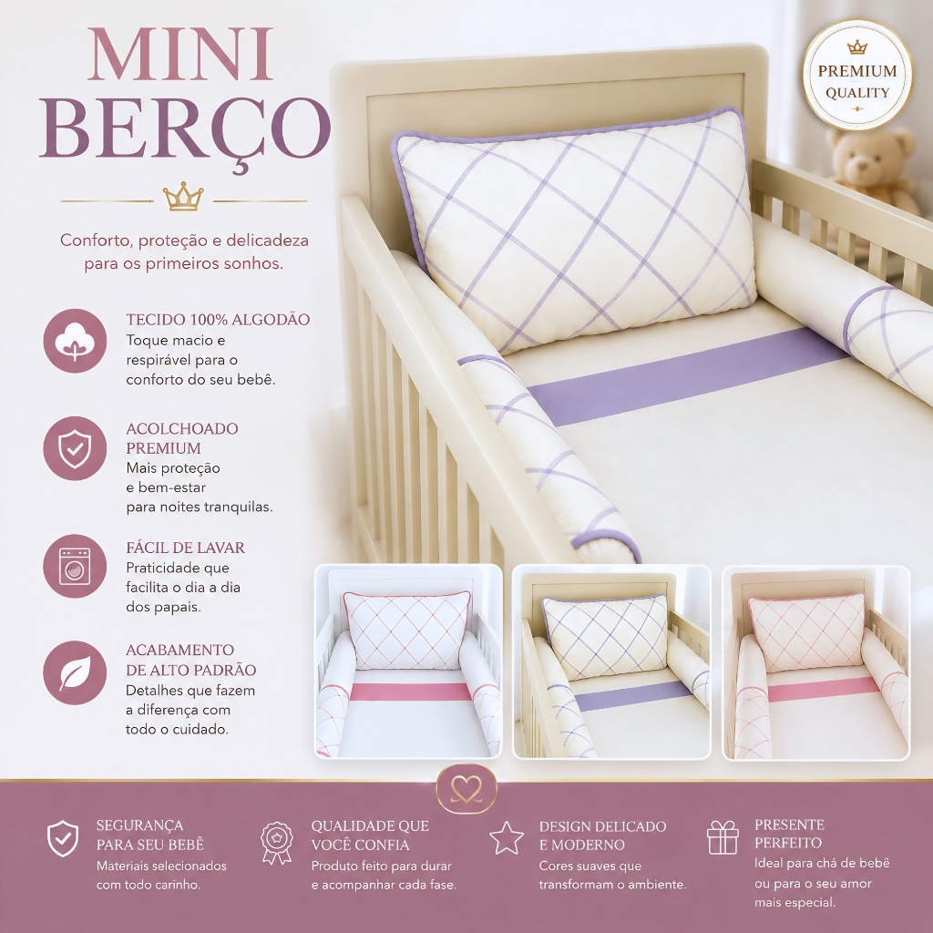 Mini Kit Berço LePetit Algodão 8 Peças Menina Menino Bordado Luxo C/ Lençol Elástico Véu Mosquiteiro