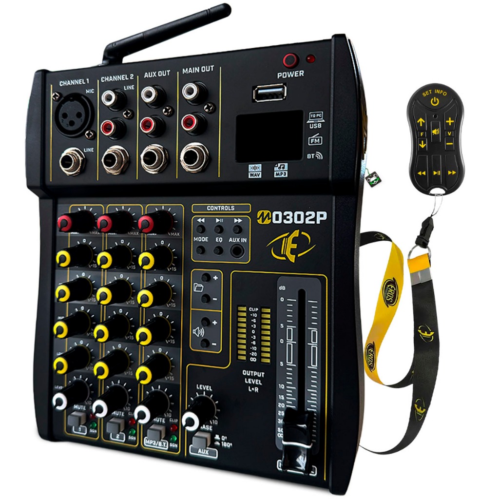 Mesa de Som Player Mixer M0302P Eros 3 Canais DJ Equalizador Bluetooth USB FM c/ Controle