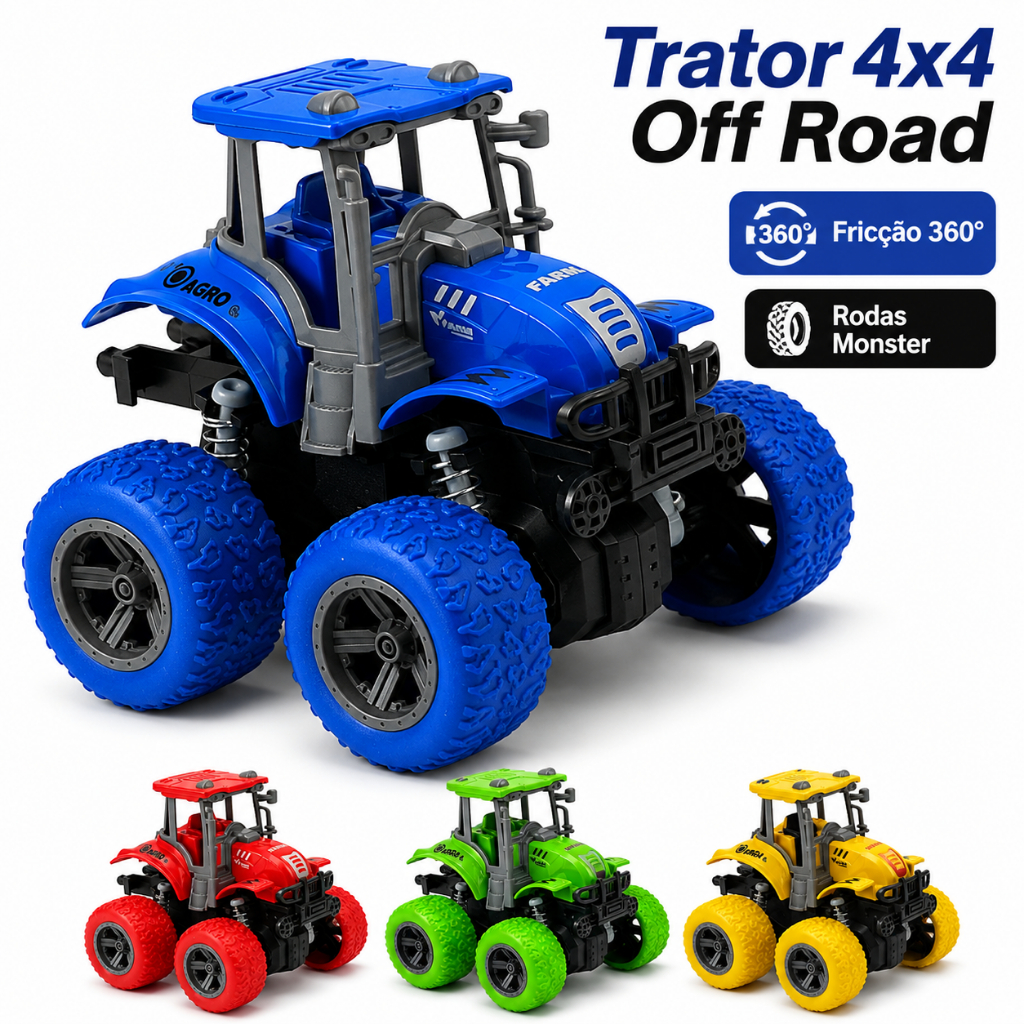 Trator Infantil 4x4 Off Road Fricção 360° Rodas Monster Com Suspensão E Kit 4