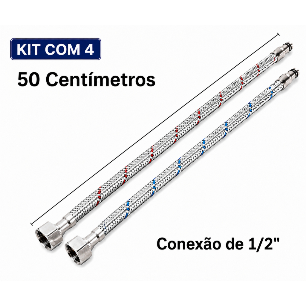 Par Engate Flexível para Misturador Monocomando | 50cm 1/2" Prateado | KIT com 4