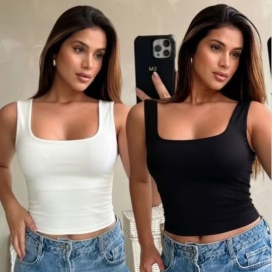 Kit Blusa Cropped Feminino Regata Decote Quadrado Suplex Premium