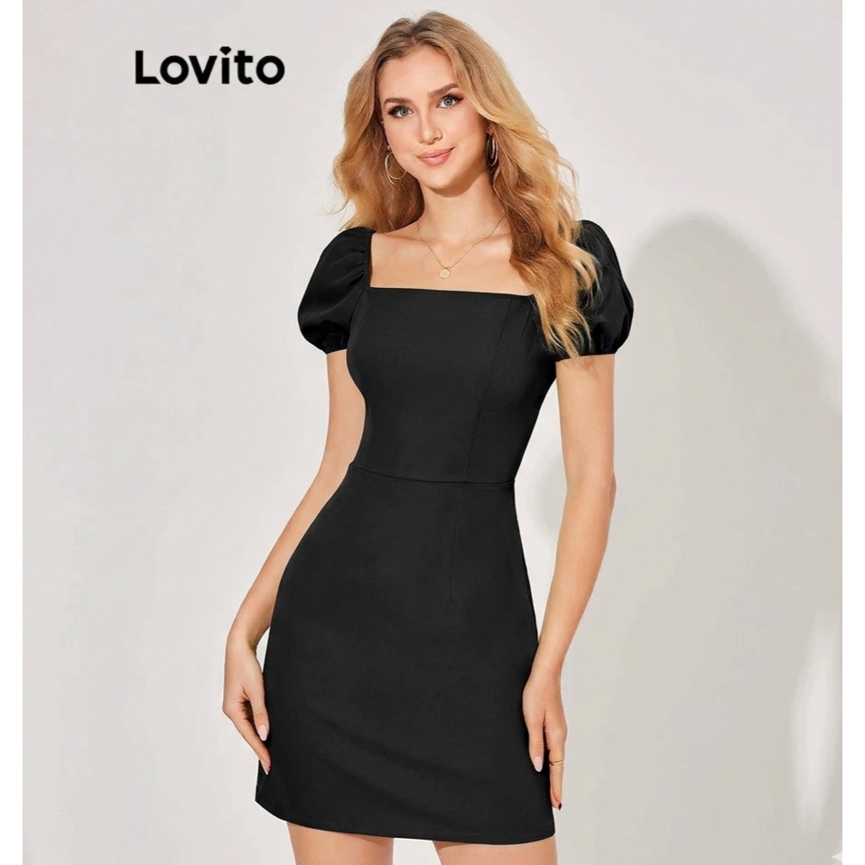 Lovito Vestido Feminino Curto com Manga Bufante e Decote Quadrado DRB4BR033