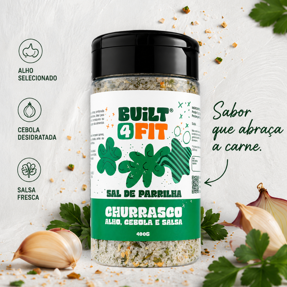 Sal de Parrilha Para Churrasco Com Alho Frito Cebola e Salsa Built 4 Fit Grãos Finos Tempero Carnes 400g