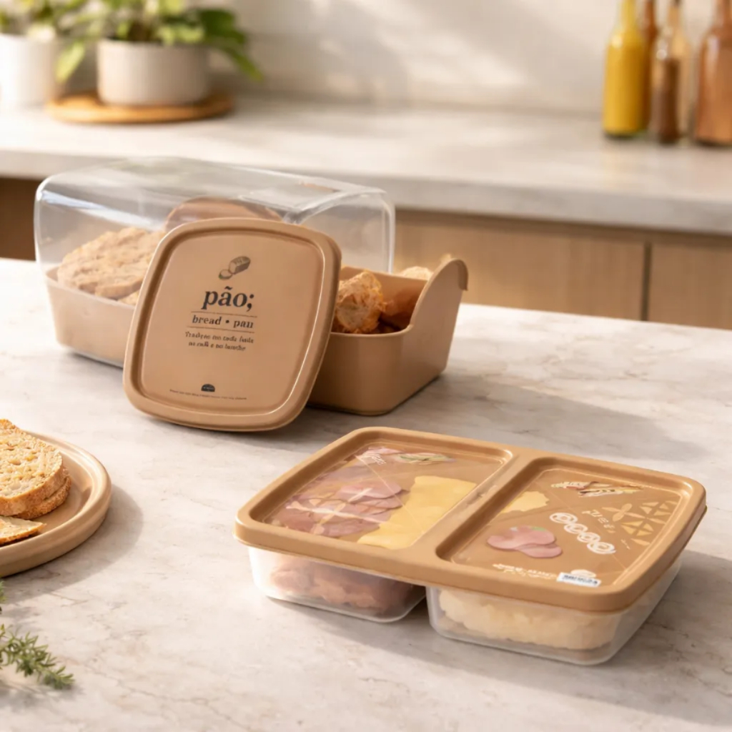 Kit Porta Pão Forma Pote Frios Presunto Queijo Tampa 2 Divisórias Plástico Resistente Retangular