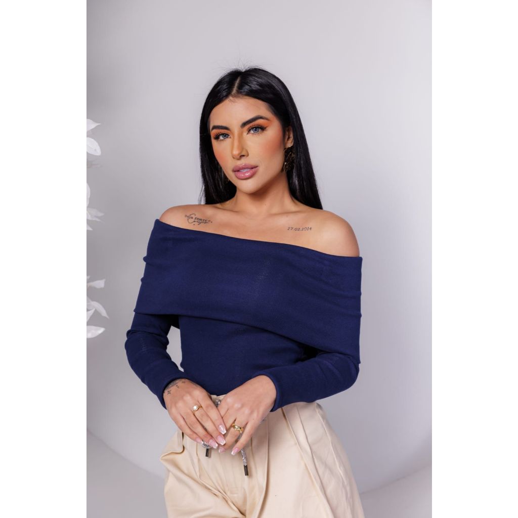 Blusa Ombro a Ombro Feminina Gola Babado Manga Longa Ribana Premium Algodão Elegante