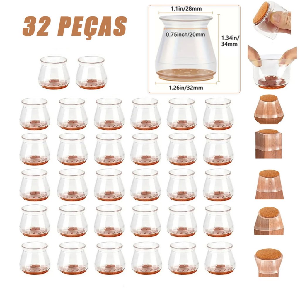 Kit 32 Peças Protetor Silicone para Pés de Cadeira e Mesa Redondo Anti Ruído Evita Arranhões no Piso