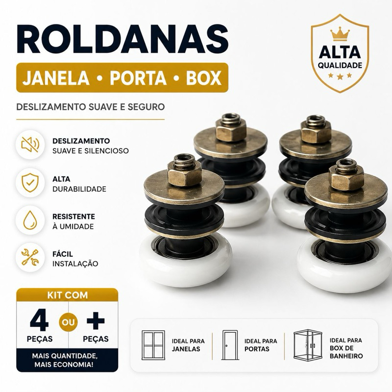 Kit c/ 4 ou + roldanas simples para porta e janela de correr vidro blindex