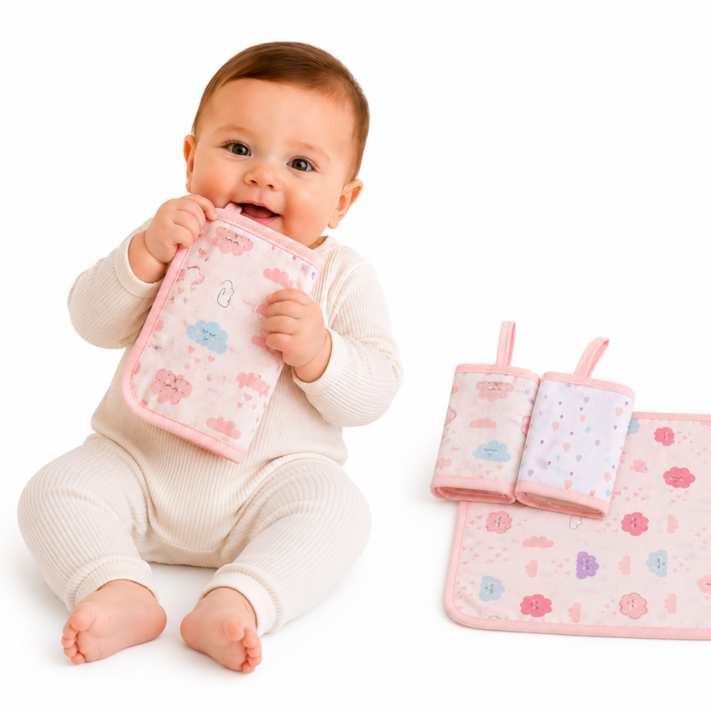 KIT PANINHO DE BOCA BEBE PAPI MALHAS COM PRENDEDOR DE CHUPETA ESTAMPADO 28cm x 28cm COM  03 UNIDADES