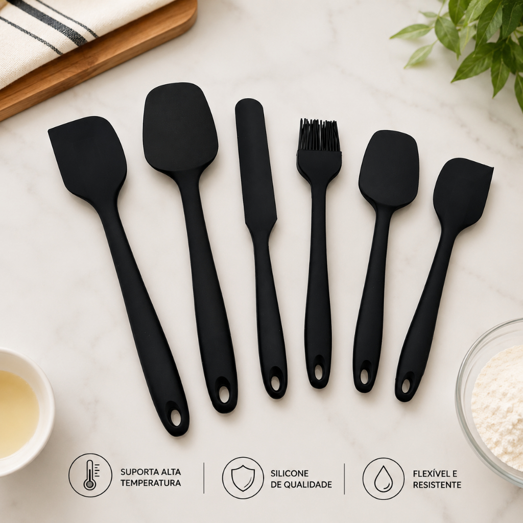 Kit Espátulas Silicone 6 Peças Alta Qualidade Resistente Cozinha Antiaderente ENVIO IMEDIATO