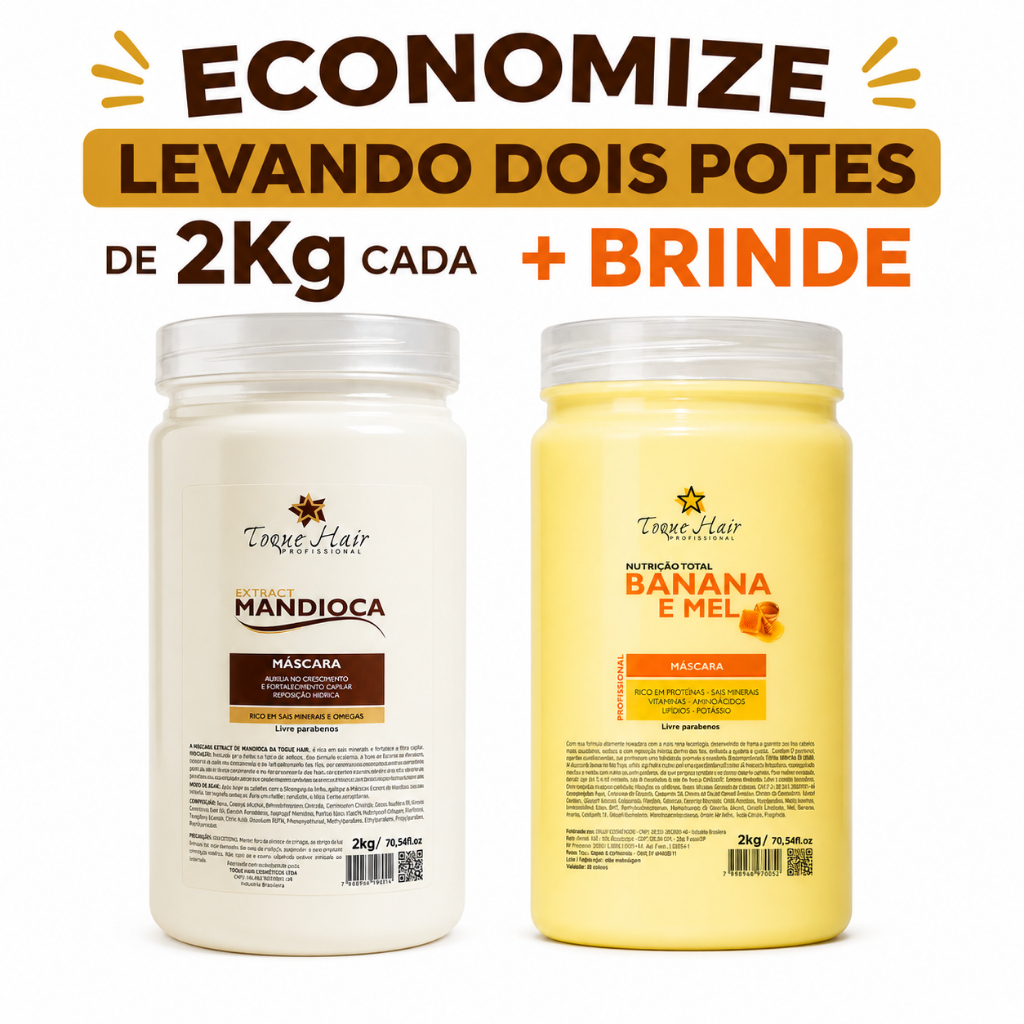 Mascara Profissional 2kg Cada + BRINDE ( Mandioca + Banana e Mel ) Kit 2 Potes Nutrição e Hidratação
