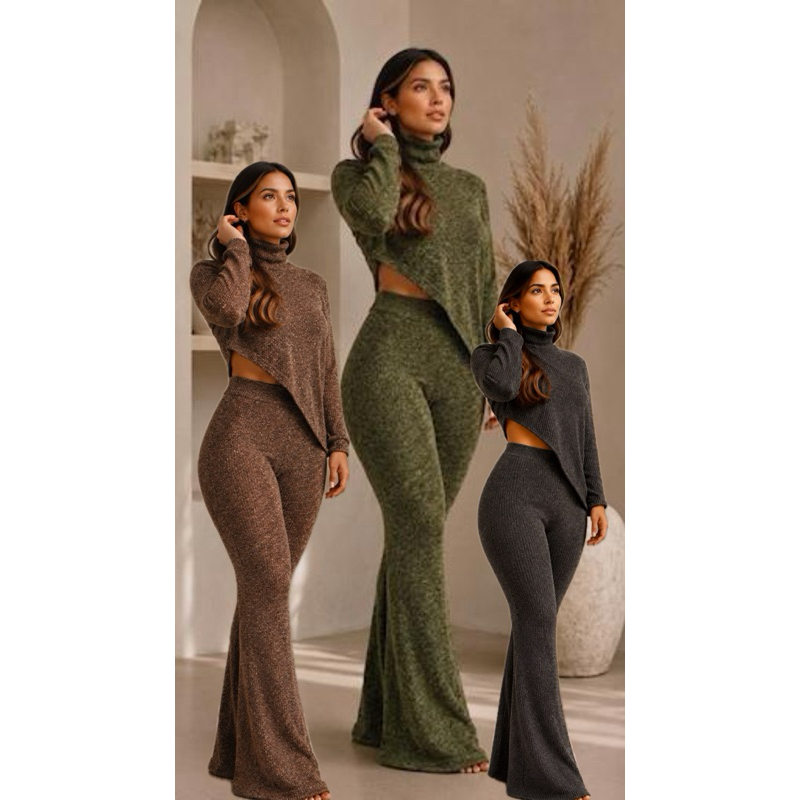 Conjunto de inverno gola alta assimétrica feminino com calça