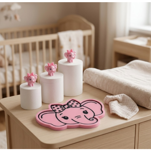 Kit Higiene Bebê Elefante Rosa 4 Peças Trio Potes Organizadores Bandeja Temática Quarto Menina Enxoval Luxo Amigurumi