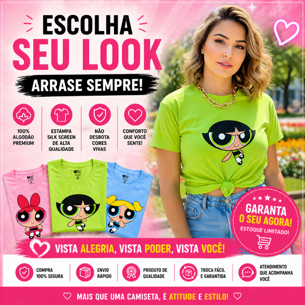 Camiseta Garotas Super Poderosas Docinho Lindinha Florzinha Blusa Premium Macia Cores vivas