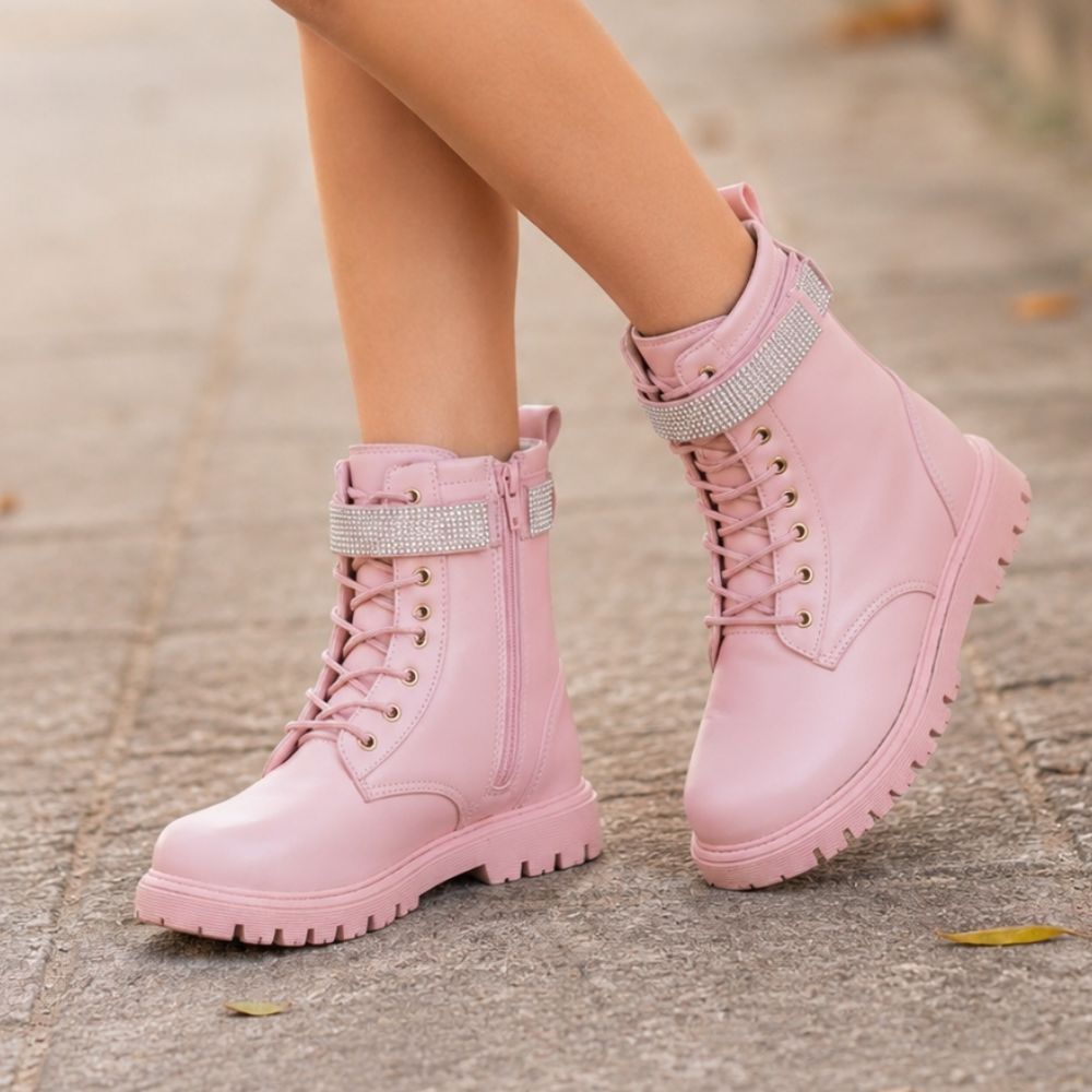 Bota Coturno Infantil Feminina Cano Alto Tratorada Tira de Strass Menina Fashion