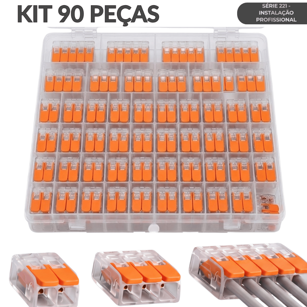 Kit 90 Peças Conector Elétrico Compacto Emenda Rápida Terminal Tipo Wago Série 221 Fios 4mm 6mm