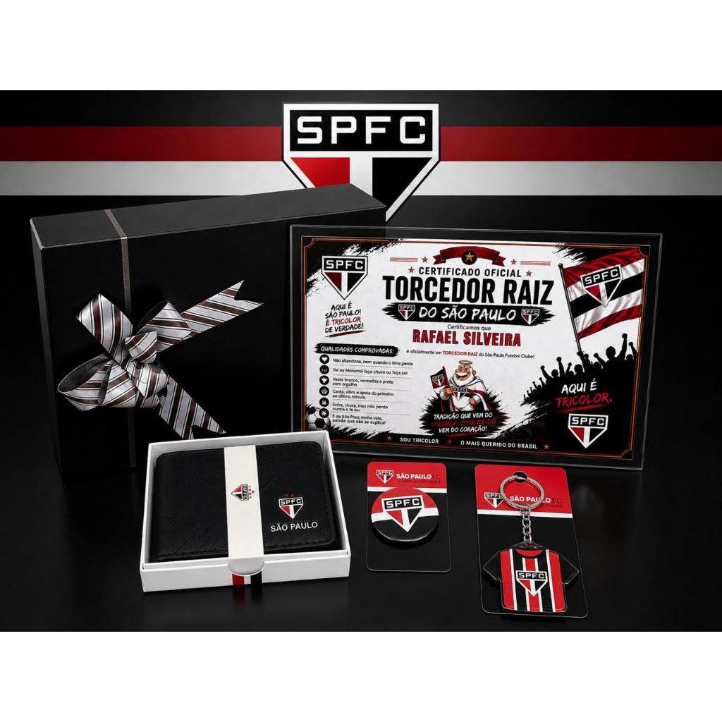 Kit 1 Presente Futebol São Paulo FC / 5 em 1 / Carteira + Certificado + Broche + Chaveiro Exclusivo + Caixa Presente