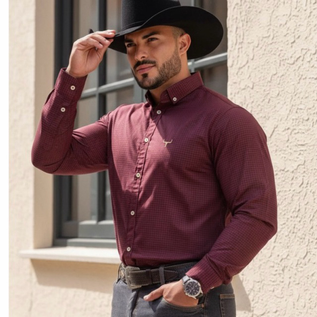 Camisa Xadrez Country Manga Longa Cowboy Lida de Boiadeiro Bordada Gola Americana