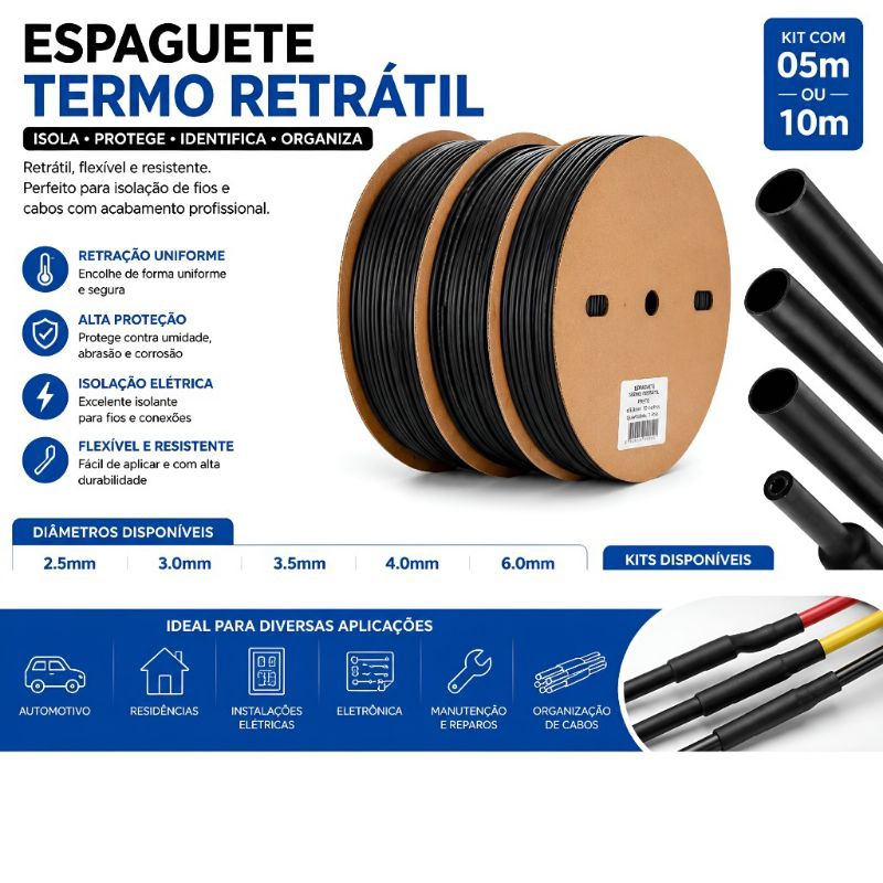 Tubo Espaguete Termo Retrátil Preto 2.5mm 3.0mm 3.5mm 4.0mm 6.0mm Alta Resistência para Isolação de Fios e Cabos