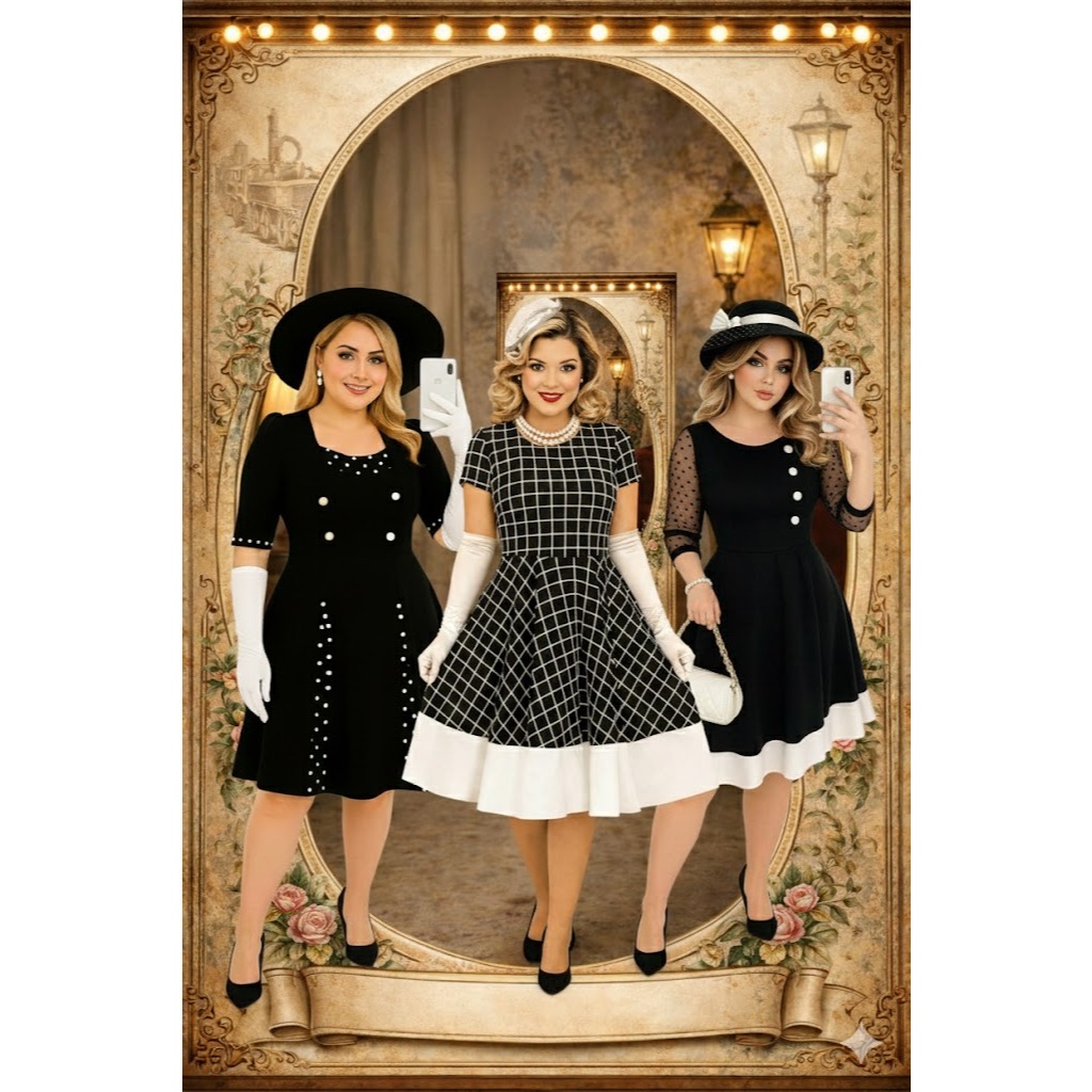 Vestido Retrô Vintage Anos 60 70 Mais Vendido Bolinhas Xadrez Moda Evangélica Midi Plus Size Promoção Virtuosa Piscina