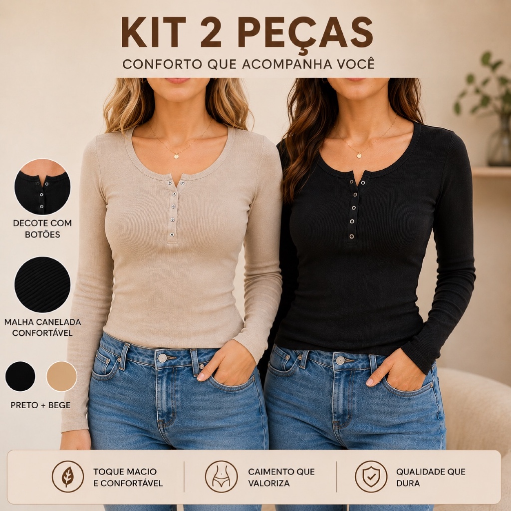 Kit 2 Blusas Femininas Canelada T Shirt Manga Longa Justa Confortavel Botões P Ao Gg