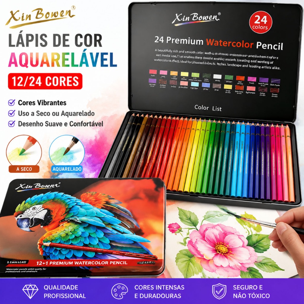 Kit Lápis de Cor Profissional 12 a 24 Cores Desenho Arte Escolar Alta Pigmentação Fácil de Apontar