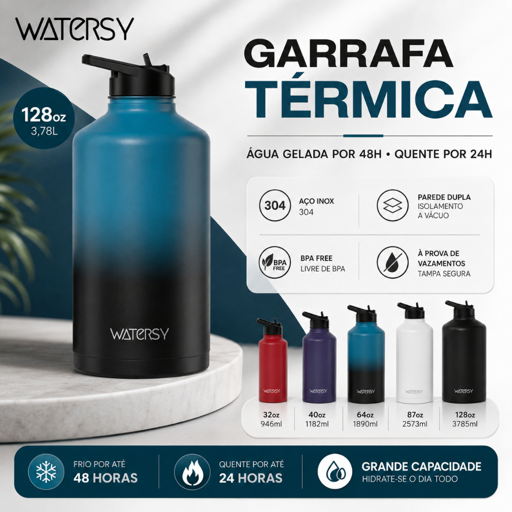Watersy Garrafa Térmica 128oz/3,78L Inox 304 com Canudo Anti